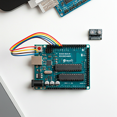 Arduino robotics kit and students working on a project